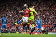 MANCHESTER, ENGLAND - MARCH 04: Artur Boruc of AFC Bournemouth (R) attempts to punch the ball away while Zlatan Ibrahimovic of Manchester United (L) attempts to head the ball towards goal during the Premier League match between Manchester United and AFC Bournemouth at Old Trafford on March 4, 2017 in Manchester, England. (Photo by Shaun Botterill/Getty Images)