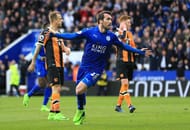 LEICESTER, ENGLAND - MARCH 04: Christian Fuchs of Leicester City (L) celebrates scoring his sides first goal during the Premier League match between Leicester City and Hull City at The King Power Stadium on March 4, 2017 in Leicester, England. (Photo by Stephen Pond/Getty Images)