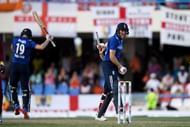 ST JOHN'S, ANTIGUA AND BARBUDA - MARCH 05: Joe Root and Chris Woakes of England celebrate winning the 2nd One Day International match between the West Indies and England at Sir Vivian Richards Cricket Ground on March 5, 2017 in St John's, Antigua And Barbuda (Photo by Gareth Copley/Getty Images)