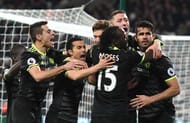 STRATFORD, ENGLAND - MARCH 06: Diego Costa of Chelsea celebrates with team mates after scoring his sides second goal during the Premier League match between West Ham United and Chelsea at London Stadium on March 6, 2017 in Stratford, England. (Photo by Michael Regan/Getty Images)