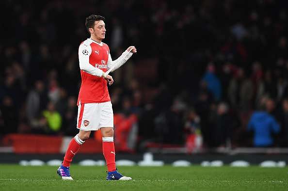 LONDON, ENGLAND - MARCH 07:  Mesut Ozil of Arsenal looks dejected in defeat after the UEFA Champions League Round of 16 second leg match between Arsenal FC and FC Bayern Muenchen at Emirates Stadium on March 7, 2017 in London, United Kingdom.  (Photo by Shaun Botterill/Getty Images)