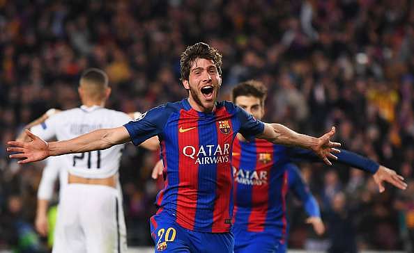 BARCELONA, SPAIN - MARCH 08:  Sergi Roberto of Barcelona as he scores their sixth goal during the UEFA Champions League Round of 16 second leg match between FC Barcelona and Paris Saint-Germain at Camp Nou on March 8, 2017 in Barcelona, Spain.  (Photo by Laurence Griffiths/Getty Images)