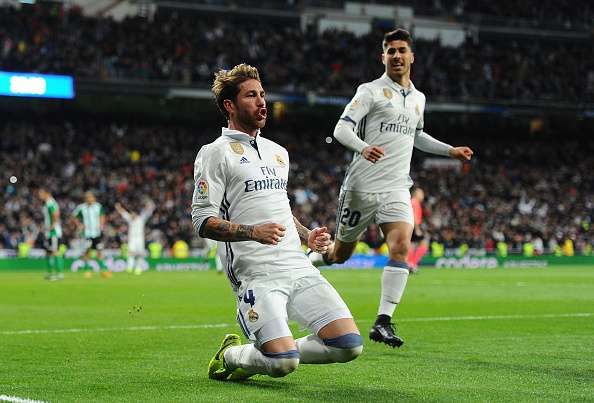 MADRID, SPAIN - MARCH 12: Sergio Ramos of Real Madrid celebrates after scoring Real's 2nd goal during the La Liga match between Real Madrid CF and Real Betis Balompie at Estadio Santiago Bernabeu on March 12, 2017 in Madrid, Spain. (Photo by Denis Doyle/Getty Images)
