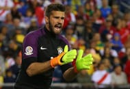FOXBORO, MA - JUNE 12: Alisson Becker #1 of Brazil reacts during the 2016 Copa America Centenario Group B match between Brazil and Peru at Gillette Stadium on June 12, 2016 in Foxboro, Massachusetts. (Photo by Jim Rogash/Getty Images)
