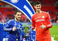 LONDON, ENGLAND - MARCH 01: Eden Hazard and Thibaut Courtois of Chelsea pose with the trophy during the Capital One Cup Final match between Chelsea and Tottenham Hotspur at Wembley Stadium on March 1, 2015 in London, England. (Photo by Clive Mason/Getty Images)