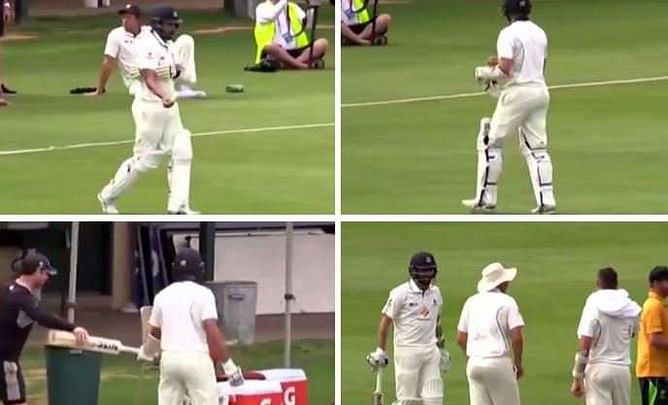 Australian International Fawad Ahmed walks out to bat without a bat