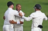 HAMILTON, NEW ZEALAND - MARCH 28: Jeetan Patel of New Zealand is congratulated on taking the wicket of Hashim Amla of South Africa during day four of the Test match between New Zealand and South Africa at Seddon Park on March 28, 2017 in Hamilton, New Zealand. (Photo by Dave Rowland/Getty Images)