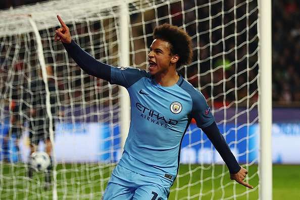 MONACO - MARCH 15:  Leroy Sane of Manchester City celebrates as he scores their first goal during the UEFA Champions League Round of 16 second leg match between AS Monaco and Manchester City FC at Stade Louis II on March 15, 2017 in Monaco, Monaco.  (Photo by Michael Steele/Getty Images)