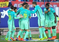 MADRID, SPAIN - FEBRUARY 26: Lionel Messi of FC Barcelona celebratea with teammates after scoring his 2nd goal during the La Liga match between Club Atletico de Madrid and FC Barcelona at Vicente Calderon Stadium on February 26, 2017 in Madrid, Spain. (Photo by Denis Doyle/Getty Images)