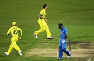 SYDNEY, AUSTRALIA - MARCH 26: Mitchell Johnson of Australia celebrates taking the wicket of Virat Kohli of India during the 2015 Cricket World Cup Semi Final match between Australia and India at Sydney Cricket Ground on March 26, 2015 in Sydney, Australia. (Photo by Matt King/Getty Images)