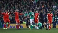 DUBLIN, IRELAND - MARCH 24: Players react as Neil Taylor of Wales (3) is shown a red card by referee Nicola Rizzoli and is sent off after a challenge on Seamus Coleman of the Republic of Ireland (2) during the FIFA 2018 World Cup Qualifier between Republic of Ireland and Wales at Aviva Stadium on March 24, 2017 in Dublin, Ireland. (Photo by Ian Walton/Getty Images)