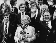 Queen Juliana of the Netherlands receives the Dutch national team at the palace Huis ten Bosch in the Hague after the 1974 FIFA World Cup in which The Netherlands were beaten in the final by West Germany, 2-1. L - R are Johan Cruyff, Queen Juliana, and supervisor / trainer Rinus Michels, 8th July 1974. (Keystone/Hulton Archive/Getty Images)
