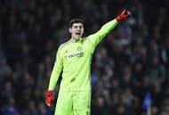 LONDON, ENGLAND - MARCH 13: Thibaut Courtois of Chelsea signals during The Emirates FA Cup Quarter-Final match between Chelsea and Manchester United at Stamford Bridge on March 13, 2017 in London, England. (Photo by Julian Finney/Getty Images)