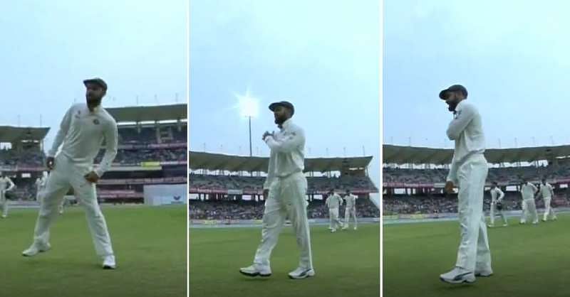 Kohli was seen holding his shoulder as the Australian team walked off the field