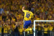 Zlatan Ibrahimovic celebrates after scoring for Sweden