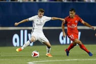 COLUMBUS, OH - JULY 27: Aleix Febas #36 of Real Madrid C.F. and Hatem Ben Arfa #21 of Paris Saint-Germain F.C battle for control of the ball during the second half on July 27, 2016 at Ohio Stadium in Columbus, Ohio. Paris Saint-Germain F.C. defeated Real Madrid C.F. 3-1. (Photo by Kirk Irwin/Getty Images)