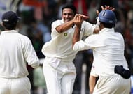 CHENNAI, INDIA - OCTOBER 14: Anil Kumble of India celebrates the wicket of Damien Martyn of Australia during day one of the Second Test between India and Australia played at MA Chidambaram Stadium on October 14, 2004 in Chennai, India. (Photo by Hamish Blair/Getty Images)