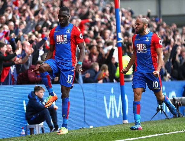 LONDON, ENGLAND - APRIL 15: Christian Benteke of Crystal Palace celebrates scoring his sides second goal during the Premier League match between Crystal Palace and Leicester City at Selhurst Park on April 15, 2017 in London, England.  (Photo by Ian Walton/Getty Images)