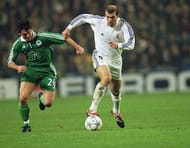 4 Dec 2001: Zinedine Zidane of Real Madrid takes on Giorgios Karagounis of Panathinaikos during the UEFA Champions League Second Phase Group C match between Real Madrid and Panathinaikos at the Bernabeu in Madrid, Spain. \ Mandatory Credit: Michael Steele /Allsport