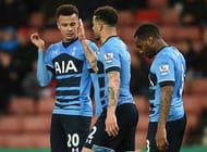 STOKE ON TRENT, ENGLAND - APRIL 18: Dele Alli of Tottenham Hotspur (L) celebrates with Kyle Walker and Danny Rose as he scores their fourth goal and his second during the Barclays Premier League match between Stoke City and Tottenham Hotspur at the Britannia Stadium on April 18, 2016 in Stoke on Trent, England. (Photo by Michael Regan/Getty Images)