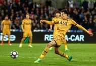 SWANSEA, WALES - APRIL 05: Dele Alli of Tottenham Hotspur scores his sides first goal during the Premier League match between Swansea City and Tottenham Hotspur at the Liberty Stadium on April 5, 2017 in Swansea, Wales. (Photo by Michael Steele/Getty Images)