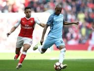 LONDON, ENGLAND - APRIL 23: Fernandinho of Manchester City and Alexis Sanchez of Arsenal compete for the ball during the Emirates FA Cup Semi-Final match between Arsenal and Manchester City at Wembley Stadium on April 23, 2017 in London, England. (Photo by Julian Finney/Getty Images,)