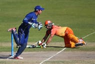 SHARJAH, UNITED ARAB EMIRATES - FEBRUARY 07: Geraint Jones of Capricorn celebrates running out Humayun Farhat of Virgo during the Oxigen Masters Champions League match between Virgo Super Kings and Capricorn Commanders on February 7, 2016 in Sharjah, United Arab Emirates. (Photo by Francois Nel/Getty Images)