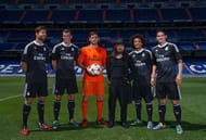 MADRID, SPAIN - AUGUST 26: Iker Casillas of Real Madrid CF and teammates James Rodriguez, Xabi Alonso, Gareth Bale, and Marcelo of Real Madrid with designer Yohji Yamamoto during the Adidas 3rd kit launch at Bernabeu on August 26, 2014 in Madrid, Spain. (Photo by Denis Doyle/Getty Images for adidas)