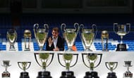 MADRID, SPAIN - JULY 13: Iker Casillas poses behind trophies he has won during his career in Real Madrid after holding a press conference with Real president Florentino Perez at the Santiago Bernabeu stadium to announce that he will be leaving Real Madrid football team on July 13, 2015 in Madrid, Spain. (Photo by Denis Doyle/Getty Images)