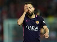 GRANADA, SPAIN - APRIL 02: Jordi Alba of FC Barcelona reacts during the La Liga match between Granada CF v FC Barcelona at Estadio Nuevo Los Carmenes on April 02, 2017 in Granada, Spain. (Photo by Aitor Alcalde/Getty Images)