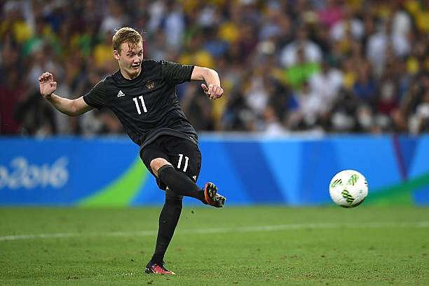 RIO DE JANEIRO, BRAZIL - AUGUST 20:  Julian Brandt of Germany scores his penalty in the shoot out during the Men&#039;s Football Final between Brazil and Germany at the Maracana Stadium on Day 15 of the Rio 2016 Olympic Games on August 20, 2016 in Rio de Janeiro, Brazil.  (Photo by Laurence Griffiths/Getty Images)