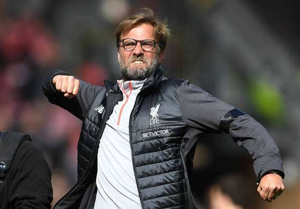LIVERPOOL, ENGLAND - APRIL 01:  Jurgen Klopp, Manager of Liverpool celebrates after the Premier League match between Liverpool and Everton at Anfield on April 1, 2017 in Liverpool, England.  (Photo by Gareth Copley/Getty Images)