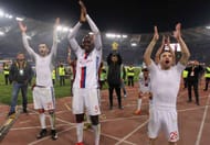 ROME, ITALY - MARCH 16: (R-L) Mathieu Valbuena, Mouctar Diakhaby and Maxime Gonalos of Olympique Lyonnais celebrate after the UEFA Europa League Round of 16 second leg match between AS Roma and Olympique Lyonnais at Stadio Olimpico on March 16, 2017 in Rome, Italy. (Photo by Paolo Bruno/Getty Images )
