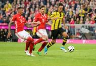 MUNICH, GERMANY - APRIL 08: Pierre-Emerick Aubameyang of Dortmund challenges Jerome Boateng of Bayern Muenchen during the Bundesliga match between Bayern Muenchen and Borussia Dortmund at Allianz Arena on April 8, 2017 in Munich, Germany. (Photo by Alexander Scheuber/Getty Images Fuer MAN)