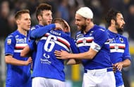 GENOA, GE - DECEMBER 20: Players of Sampdoria celebrate during the Serie A match between UC Sampdoria and US Citta di Palermo at Stadio Luigi Ferraris on December 20, 2015 in Genoa, Italy. (Photo by Tullio M. Puglia/Getty Images)