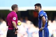 LONDON, ENGLAND - APRIL 01: Referee Craig Pawson (L) speaks with Diego Costa of Chelsea (R) during the Premier League match between Chelsea and Crystal Palace at Stamford Bridge on April 1, 2017 in London, England. (Photo by Ian Walton/Getty Images)