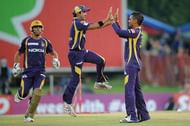 PRETORIA, SOUTH AFRCA - OCTOBER 13: Sunil Narine (R) of the Knight Riders celebrates with Gautam Gambhir after capturing the wicket of Mahela Jayawardene (not pictured) of the Daredevils during the Karbonn Smart CLT20 Group A match between Kolkata Knight Riders (IPL) and Delhi Daredevils (IPL) at SuperSport Park on October 13, 2012 in Pretoria, South Africa. (Photo by Lee Warren/Gallo Images/Getty Images)
