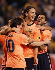 A CORUNA, SPAIN - DECEMBER 5: Zlatan Ibrahimovic (C) of Barcelona celebrates after scoring with his teammates during the La Liga match between Deportivo La Coruna and Barcelona at the Riazor stadium on December 5, 2009 in A Coruna, Spain. Barcelona won the match 1-3. (Photo by Angel Martinez/Getty Images)