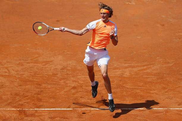 ROME, ITALY - MAY 19:  Alexander Zverev of Germany hits a forehand return during his quarter final match against Milos Raonic of Canada on Day Six of the Internazionali BNL d&#039;Italia 2017 at Foro Italico on May 19, 2017 in Rome, Italy.  (Photo by Michael Steele/Getty Images)