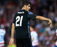 GRANADA, SPAIN - MAY 06: Alvaro Morata of Real Madrid CF celebrates after scoring the second goal during the La Liga match between Granada CF v Real Madrid CF at Estadio Nuevo Los Carmenes on May 6, 2017 in Granada, Spain. (Photo by Aitor Alcalde/Getty Images)