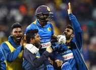GEELONG, AUSTRALIA - FEBRUARY 19: Asela Gunaratne of Sri Lanka is congratulated by team mates after hitting the winning runs to win the second International Twenty20 match between Australia and Sri Lanka at Simonds Stadium on February 19, 2017 in Geelong, Australia. (Photo by Quinn Rooney/Getty Images)