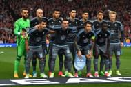 MANCHESTER, ENGLAND - MAY 11: Celta Vigo line up prior to the UEFA Europa League, semi final second leg match, between Manchester United and Celta Vigo at Old Trafford on May 11, 2017 in Manchester, United Kingdom. (Photo by Gareth Copley/Getty Images)