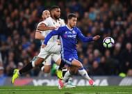 LONDON, ENGLAND - MAY 15: Eden Hazard of Chelsea and Adrian Mariappa of Watford battle for possession during the Premier League match between Chelsea and Watford at Stamford Bridge on May 15, 2017 in London, England. (Photo by Shaun Botterill/Getty Images)
