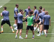 MADRID, SPAIN - MAY 30: Gareth Bale and Isco share a joke during the Real Madrid UEFA Open Media Day at Valdebebas training ground on May 30, 2017 in Madrid, Spain. (Photo by Denis Doyle/Getty Images )