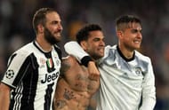 TURIN, ITALY - MAY 09: (L-R) Gonzalo Higuain, Dani Alves and Paulo Dybala of Juventus celebrate victory following the UEFA Champions League Semi Final second leg match between Juventus and AS Monaco at Juventus Stadium on May 9, 2017 in Turin, Italy. (Photo by Richard Heathcote/Getty Images)