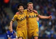 LEICESTER, ENGLAND - MAY 18: Harry Kane of Tottenham Hotspur (right) celebrates scoring their first goal with Son Heung-min of Tottenham Hotspur during the Premier League match between Leicester City and Tottenham Hotspur at The King Power Stadium on May 18, 2017 in Leicester, England. (Photo by Tony Marshall/Getty Images)
