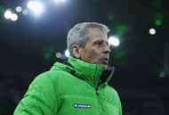 MOENCHENGLADBACH, GERMANY - DECEMBER 11: Head coach Lucien Favre of Borussia Moenchengladbach looks on prior to the UEFA Europa League group stage match between VfL Borussia Moenchengladbach and FC Zurich at Borussia Park on December 11, 2014 in Moenchengladbach, Germany. (Photo by Dennis Grombkowski/Getty Images)