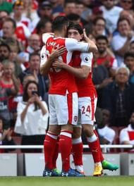 LONDON, ENGLAND - MAY 21: Hector Bellerin of Arsenal celebrates scoring his sides first goal with Granit Xhaka of Arsenal during the Premier League match between Arsenal and Everton at Emirates Stadium on May 21, 2017 in London, England. (Photo by Paul Gilham/Getty Images)