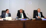 DUBAI, UNITED ARAB EMIRATES - FEBRUARY 04: L-R: Iain Higgins, ICC Cheif Operating Officer and Company Secretary, Shashank Manohar, ICC Chairman and David Richardson, ICC Chief Executive attend ICC Board Meeting on February 4, 2017 in Dubai, United Arab Emirates. (Photo by Tom Dulat/Getty Images)