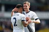 LONDON, ENGLAND - SEPTEMBER 26: Jan Vertonghen (R) and Kyle Walker (L) of Tottenham Hotspur celebrate their team's 4-1 win in the Barclays Premier League match between Tottenham Hotspur and Manchester City at White Hart Lane on September 26, 2015 in London, United Kingdom. (Photo by Tom Dulat/Getty Images)